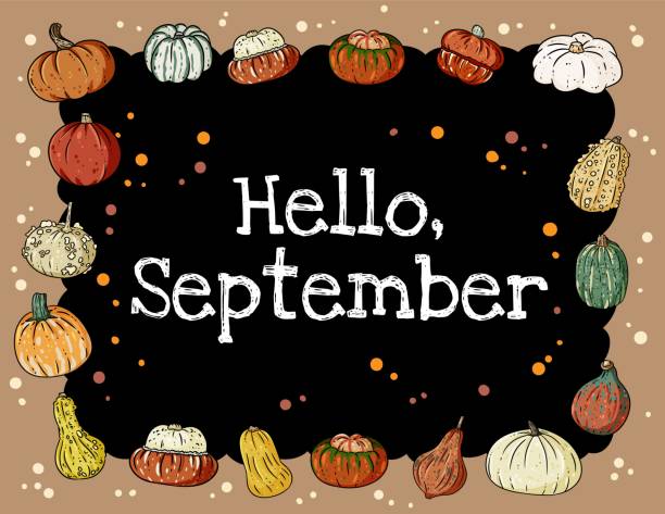 istock Hello September chalkboard inscription cute cozy banner with pumpkins. Autumn festive poster. Fall harvest greetings postcard 1170843758
