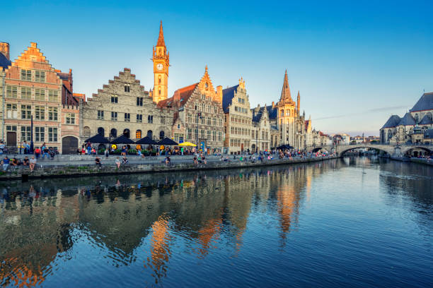 Leie river bank in Ghent, Belgium, Europe