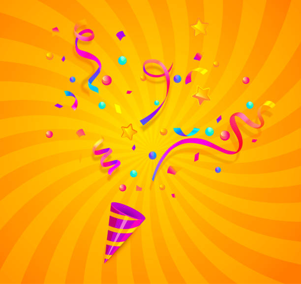 Party cracker with confetti,serpentine sparkles. Party cracker with confetti,serpentine sparkles for festive congratulations,celebration new year,birthday,anniversary,greetings,evening parties.Fun exploding template isolated on sunburst background. good job emoji stock illustrations