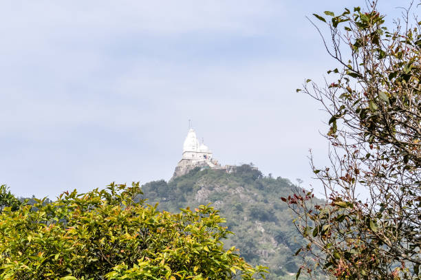 Shikharji Temple, the holiest Jain Teerths, on top of Parasnath Hill peak in Parasnath Range. The white pagoda style temple is located on the mountaintop surrounded by trees in jungle with mist on top templo shikharji, los teerth jain más sagrados, en la cima del pico desnath hill en la cordillera parasnath. el templo de estilo pagoda blanco se encuentra en la cima de la montaña rodeado de árboles en la selva con niebla en la parte superior