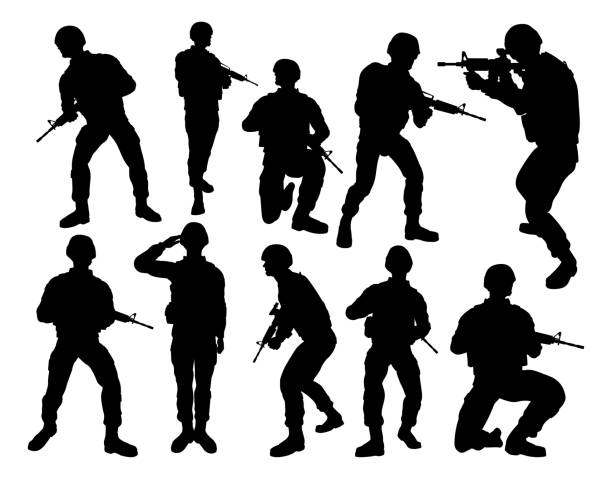 ilustrações de stock, clip art, desenhos animados e ícones de soldier silhouettes - navy officer armed forces saluting