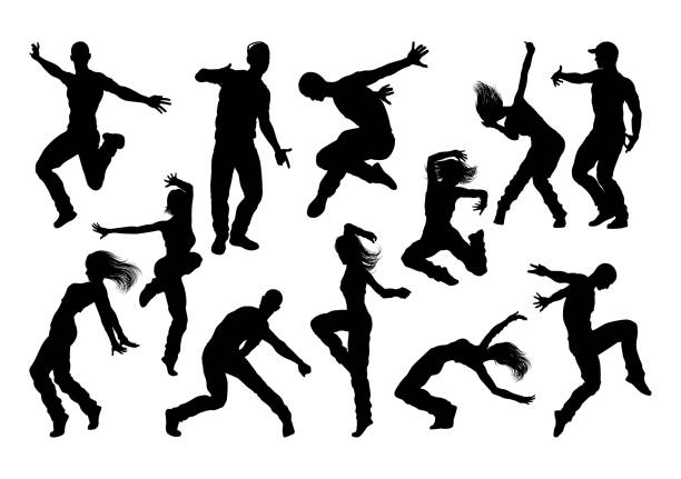 ilustraciones, imágenes clip art, dibujos animados e iconos de stock de street dance dancer silhouettes - dancing dancer hip hop jumping
