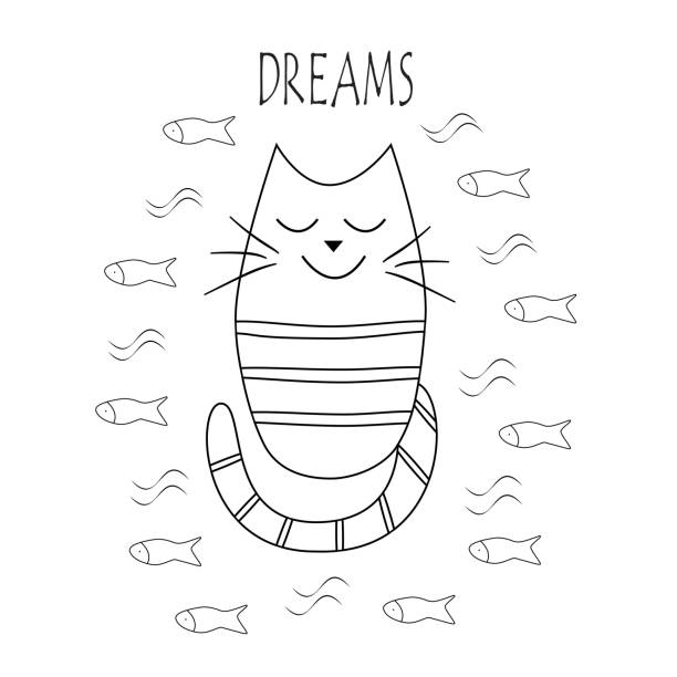 ilustrações de stock, clip art, desenhos animados e ícones de funny cat dreams of fish. vector outline cat and fish. - paintings domestic cat characters whisker