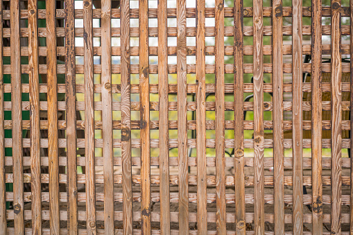 Full screen garden fence with parallel vertically and horizontally positioned wooden trims lattice for background