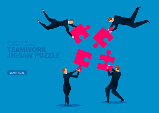 ilustrações de stock, clip art, desenhos animados e ícones de teamwork in midair jigsaw puzzle - absence part of jigsaw puzzle planning
