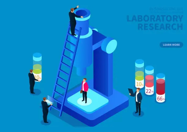 Vector illustration of Human resources research laboratory, businessman under the microscope