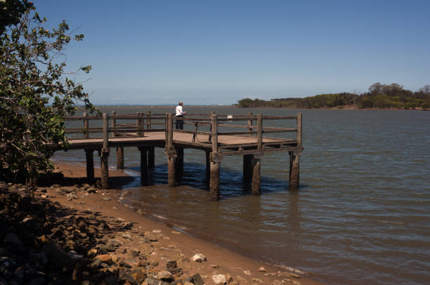 Nudgee Beach, Queensland, Australia - February 2019: Timber fishing wharf on banks of Kedron Brook