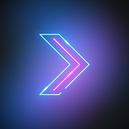 Neon arrow. Glowing pointer sign on black background. Colorful and bright retro light symbol.