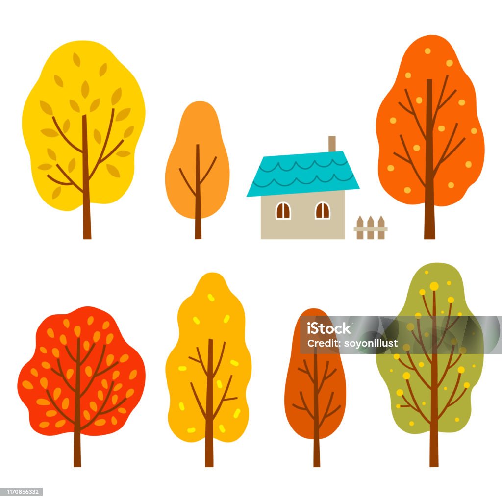 흰색 배경에 집을 설정 다채로운 가을 나무 0명에 대한 스톡 벡터 아트 및 기타 이미지 - 0명, 10월, 11월 - Istock