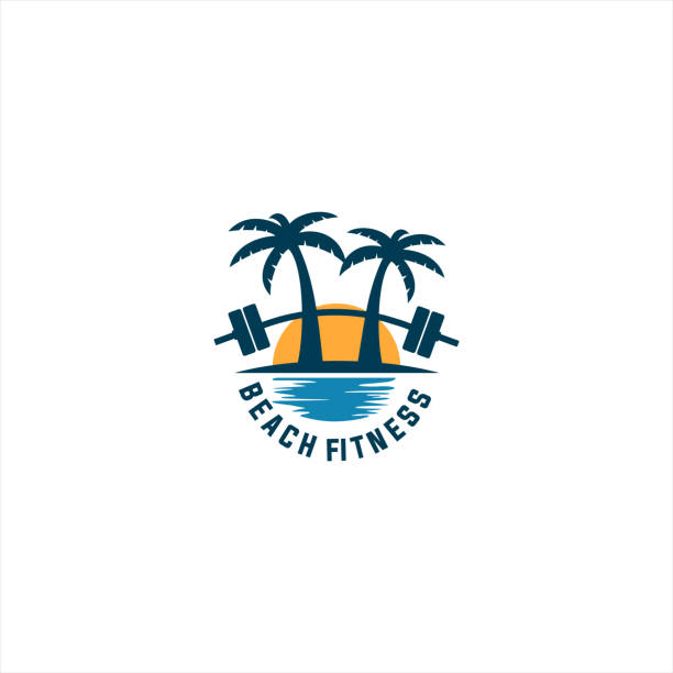 beach fitness logo beach fitness logo with barbell and coconut trees workout logo stock illustrations