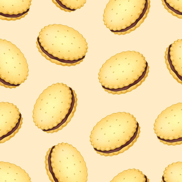 ilustraciones, imágenes clip art, dibujos animados e iconos de stock de galletas 3d detalladas realistas o sandwich biscuit patrón de fondo sin costuras. vector - backgrounds brown close up cooking