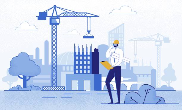 Architect Holding Blueprints near Construction. Architect Holding Blueprints near Construction Flat Cartoon Vector Illustration. Engineer Talking on Phone near New Building. Man with Project in Helmet and Suit. Crane Constructing House. entrepreneur drawings stock illustrations