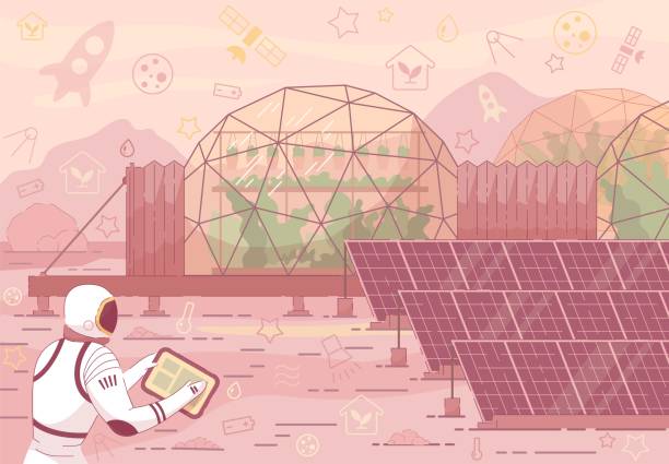 illustrazioni stock, clip art, cartoni animati e icone di tendenza di astronauta in tuta vicino a solar panel greenhouse dome - tenda igloo