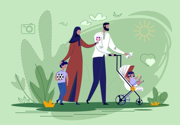 arabische familie zu fuß mit kindern in park flat. - vector nature cheerful son stock-grafiken, -clipart, -cartoons und -symbole