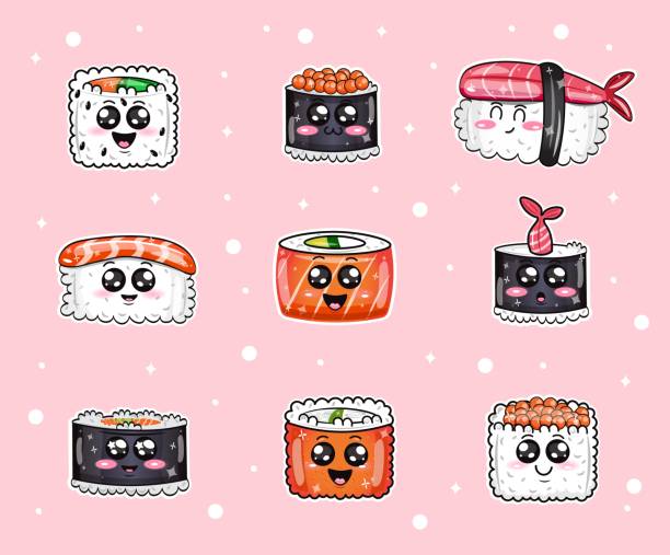 ilustraciones, imágenes clip art, dibujos animados e iconos de stock de sushi con caras lindas, comida japonesa con pescado. - sushi cartoon food wallpaper pattern