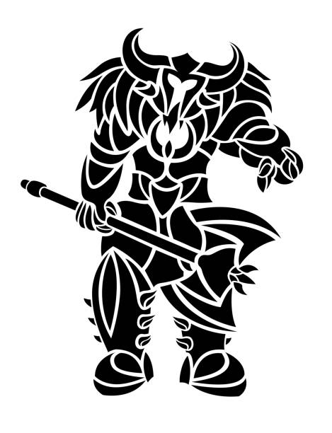 schwarze tattoo-kunst mit starken krieger silhouette - viking sign abstract heroes stock-grafiken, -clipart, -cartoons und -symbole