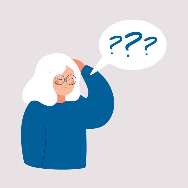 Older woman has Alzheimer’s disease and a question above her in the speech bubble. Older woman has Alzheimer’s disease and a question above her in the speech bubble. Loss of short-term memory, difficulty concentrating, problems planning and pondering things are symptoms of dementia. question mark illustrations stock illustrations