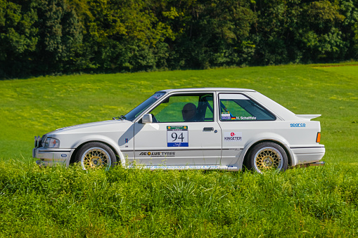 Zähringen, Germany - August 11, 2019: Ford Escort RS Turbo oldtimer rally car at the Zähringer Oldtimertreffen event.
