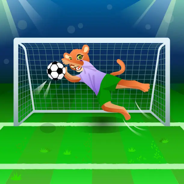 Vector illustration of The cougar as a goalkeeper catching the soccer ball near gates on the field