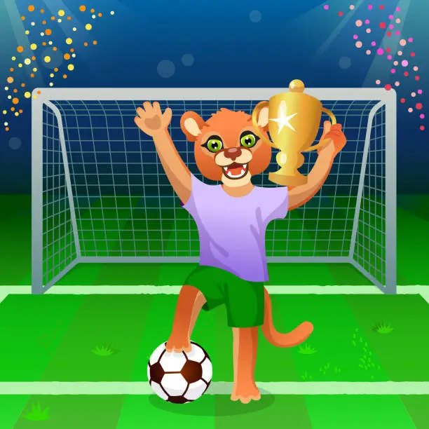 Vector illustration of A cougar in uniform standing on the ball and cheering with goblet on the soccer field