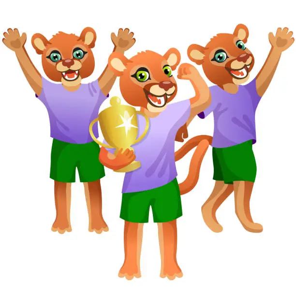 Vector illustration of Group of three cougars in uniform cheering on the soccer field with goblet