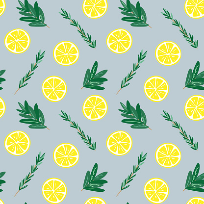 Seamless lemon and herbs pattern illustration, blue background