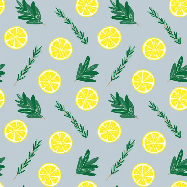 Vector illustration of Seamless lemon and herbs pattern illustration, blue background