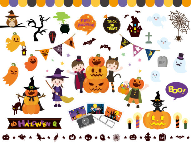 illustrations, cliparts, dessins animés et icônes de ensemble d'halloween5 - halloween witch child pumpkin