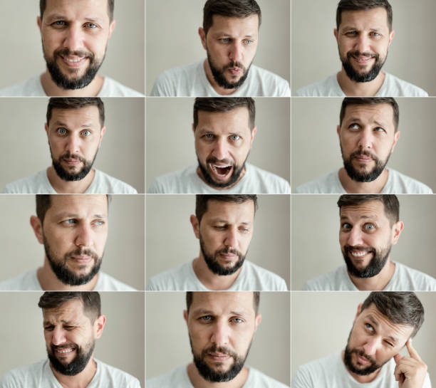 homem real que faz expressões faciais diferentes - happy sad face man - fotografias e filmes do acervo