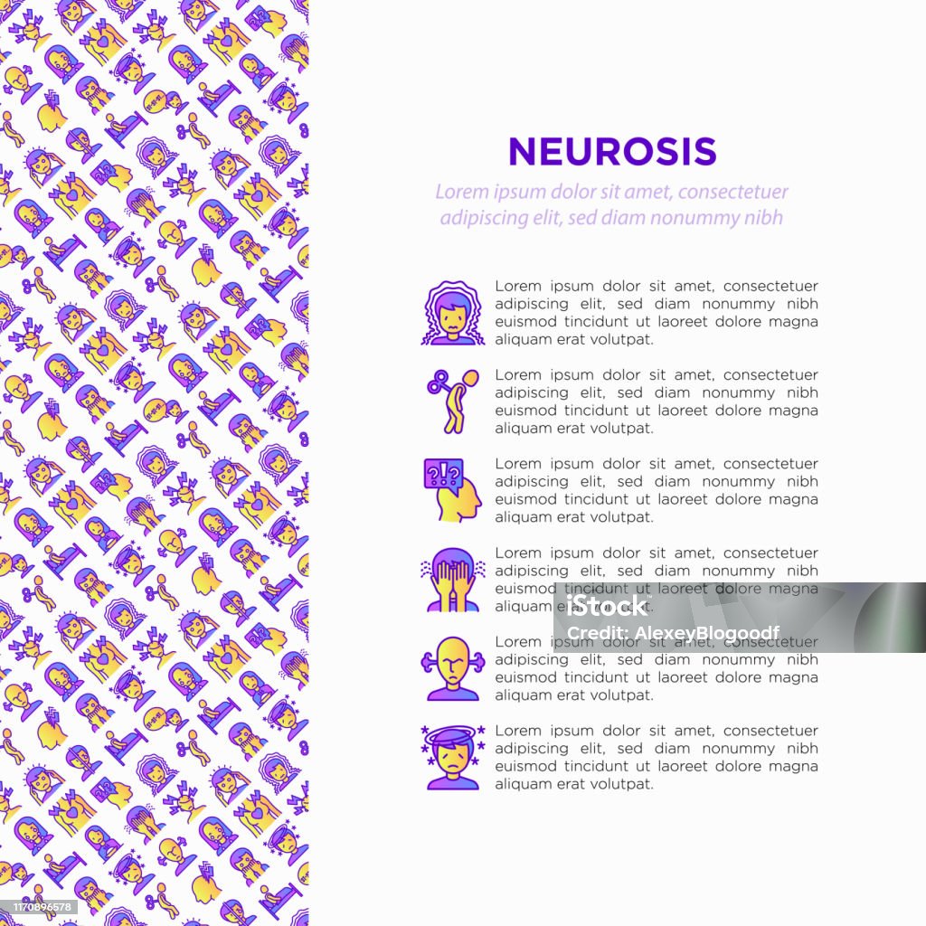 Neurosis concept with thin line icon: panic attack, headache, fatigue, insomnia, despair, phobia, mood instability, stuttering, psychalgia, dizziness. Vector illustration, print media template. - Royalty-free Ansiedade arte vetorial