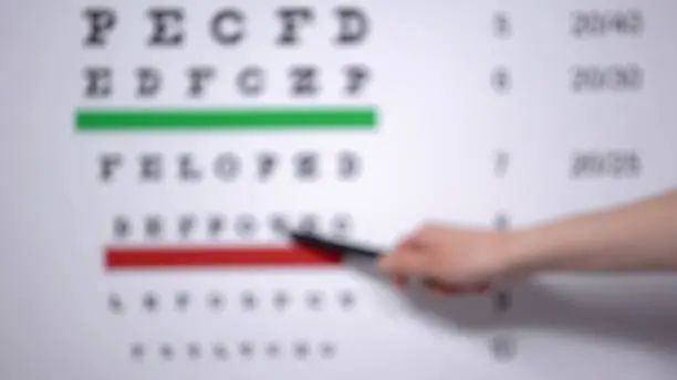 Ophthalmologist hand showing letter on eye chart to patient with vision problems