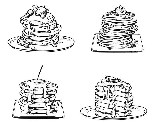 illustrazioni stock, clip art, cartoni animati e icone di tendenza di deliziosi pancake con condimenti, schizzo vettoriale - honey caramel syrup fruit