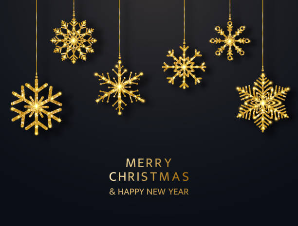 ilustrações de stock, clip art, desenhos animados e ícones de merry christmas greeting card with hanging glitter snowflakes. bright gold baubles on black background. luxury holiday design elements. vector illustration - holiday christmas decoration christmas ornament hanging