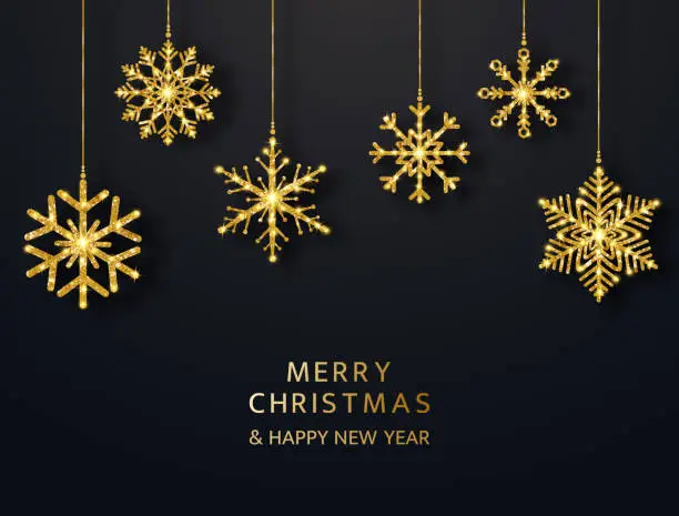 Vector illustration of Merry Christmas greeting card with hanging glitter snowflakes. Bright gold baubles on black background. Luxury holiday design elements. Vector illustration