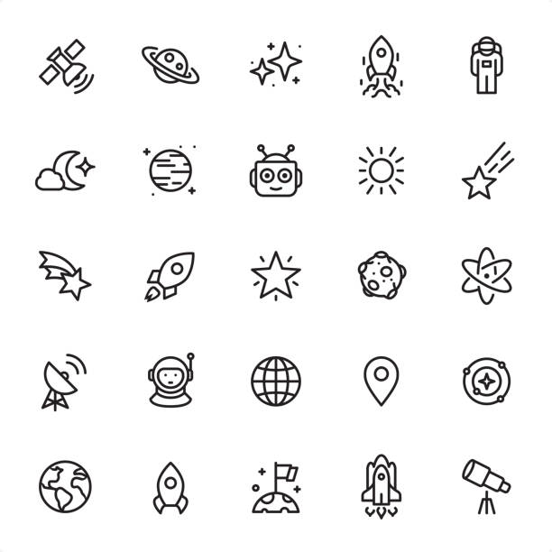 Outer Space - Outline Icon Set Outer Space - 25 Outline Style - Single black line icons - Pixel Perfect / Pack #59
Icons are designed in 48x48pх square, outline stroke 2px.

First row of outline icons contains:
Satellite, Saturn, Star Shape, Ship Launch, Astronaut;   

Second row contains:
Moonlight, Planet - Space, Robot, Sun, Meteor;
  
Third row contains:
Flying Star, Start Up, Sparkling Star, Asteroid, Atom;   

Fourth row contains:
Satellite Dish, Cosmonaut, Globe, Location, Solar System;

Fifth row contains:
Planet Earth, Rocket, Settlement, Space Shuttle, Telescope.

Complete Grandico collection - https://www.istockphoto.com/collaboration/boards/FwH1Zhu0rEuOegMW0JMa_w futuristic astronomy space craft stock illustrations