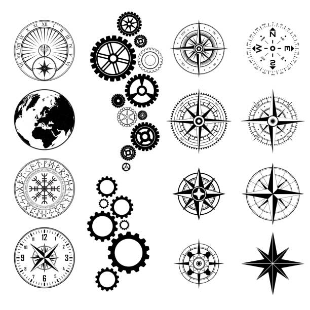 Different black design elements set Set of different black design symbols silhouettes isolated on white background ancient sundial stock illustrations