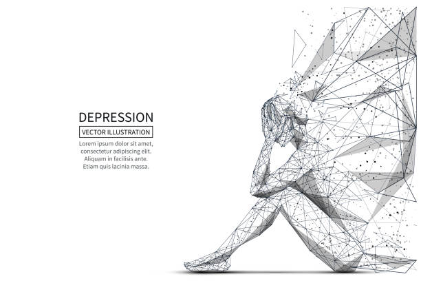 Depression low poly banner template Depression low poly banner template. 3d polygonal woman. Depressed sitting girl, psychological disease concept art with connected dots and lines. Lonely person vector color wireframe mesh illustration low poly modelling illustrations stock illustrations