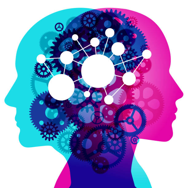 Mental Gears - Network Mind A Male and Female side silhouette profile overlaid with various semi-transparent Machine Gears shapes. Centre placed is a white connected network diagram. learning and development stock illustrations