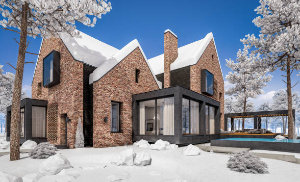 istock 3d rendering of modern clinker house on the ponds with pool in winter day 1170901151