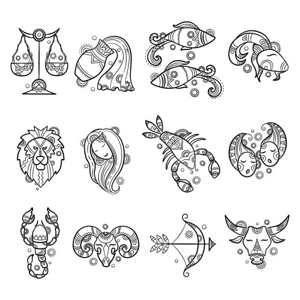 Zodiac characters. Astrology horoscope signs tattoos lion aries fish cancer vector graphics Zodiac characters. Astrology horoscope signs tattoos lion aries fish cancer vector graphics. Illustration sagittarius and aries, taurus and lion, aquarius and cancer pisces fish tattoo designs drawing stock illustrations