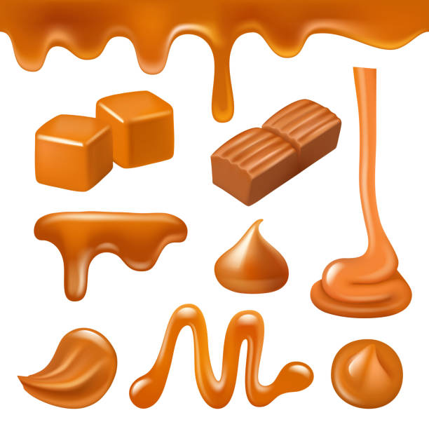 stockillustraties, clipart, cartoons en iconen met karamel vloeistof. druppels en spatten van snoep en karamel zoete romige dessert koken siroop vector realistisch - caramel