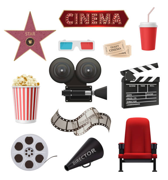 Movie realistic. Cinema objects camera camcorder film tape clapperboard vector collection Movie realistic. Cinema objects camera camcorder film tape clapperboard vector collection. Movie cinema, video camera and camcorder, clapperboard and popcorn illustration film drawings stock illustrations