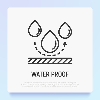 Waterproof material thin line icon: textile is resistant for drop of water. Modern vector illustration.
