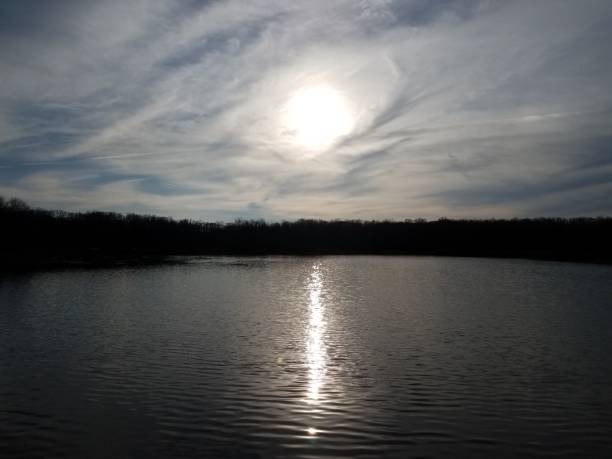 istock sun and reflection on water with trees and clouds 1170905292