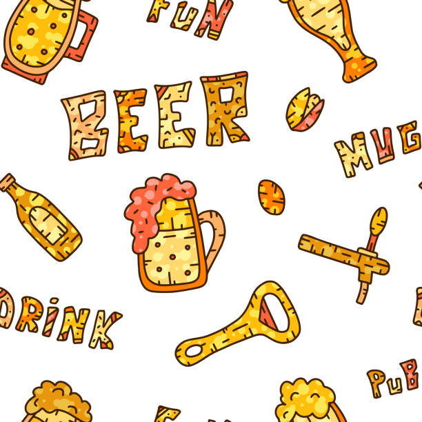 색상이 매끄러운 맥주 음식 패턴. 낙서 손 그린 - pistachio beer nuts nut backgrounds stock illustrations