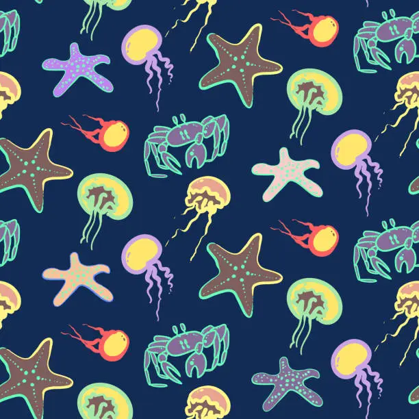 Vector illustration of Colorful vector seamless pattern with underwater inhabitants in sea or ocean. Good for childrens wrapping, textile, fabric, background