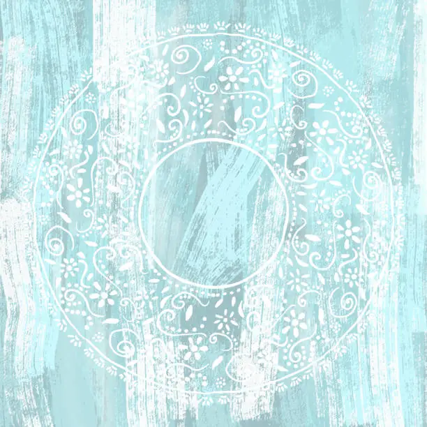 Vector illustration of Coastal Frame Background with White Lace Stencil On Shabby Blue Wood Wall. Shabby Wooden Blue Background. Grunge Texture, Painted Surface. Coastal Background.