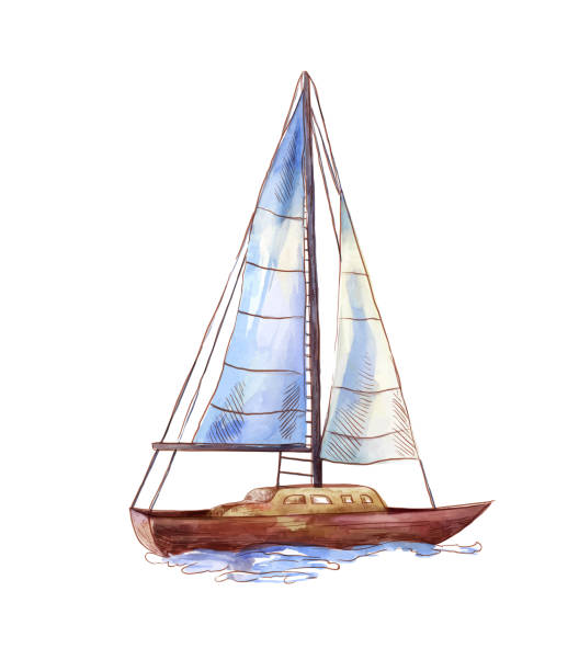 Vector watercolor sailboat isolated on white. Seascape scene in sketch style Watercolor sailboat in sketch style. Seascape illustration sail boat clipart pictures stock illustrations