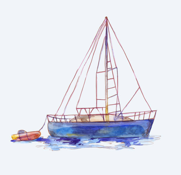 Vector watercolor sailboat with dinghy isolated on white. Seascape scene in sketch style Watercolor sailboat with dinghy in sketch style. Seascape illustration sail boat clipart pictures stock illustrations