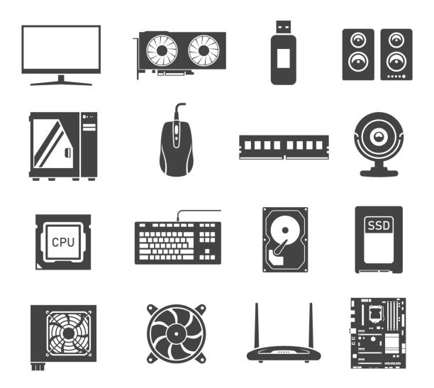 Computer hardware black and white glyph icons set Computer hardware black and white glyph icons set. Monitor, mouse, keyboard and webcam. PC component parts, peripherals illustrations pack. Graphics card, ram memory, motherboard and processor spatholobus suberectus dunn stock illustrations